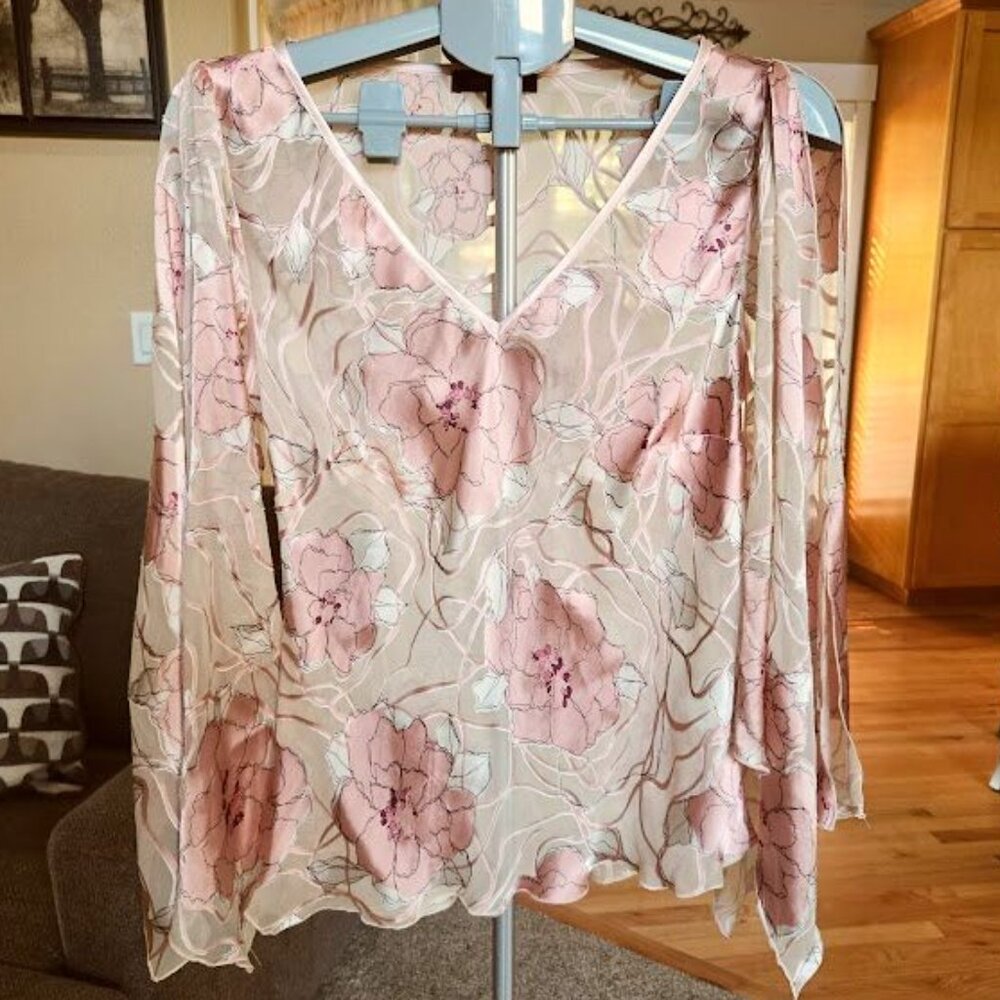 NWT Karen Kane sz large Just Peachy pink silk floral split sleeve blouse